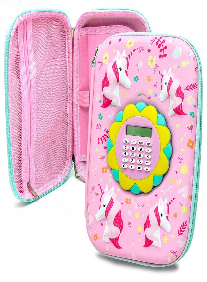 في جراسب مقلمة أدوات مكتبية للأطفال بتصميم يونيكورن من VGRASSP مع آلة حاسبة صغيرة - حقيبة ثلاثية الأبعاد بسحاب من مادة EVA مع جيوب تخزين متعددة - منظم أدوات مكتبية مدرسية ممتع - متعدد الألوان - Image 1